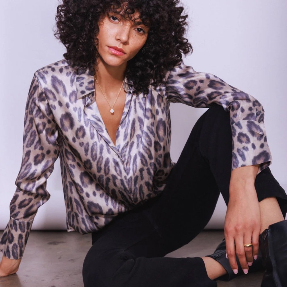 NWT Catherine Gee Daria French Cuff Silk Blouse - New Leopard | Size Large